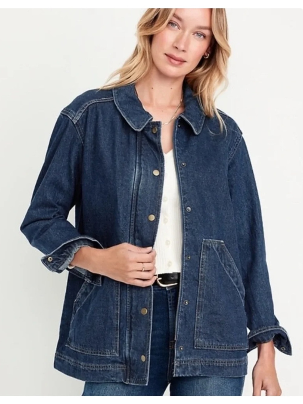 Old Navy Relaxed Denim Chore Coat Barn Jacket Dark Jean Fisherman Women’s L
